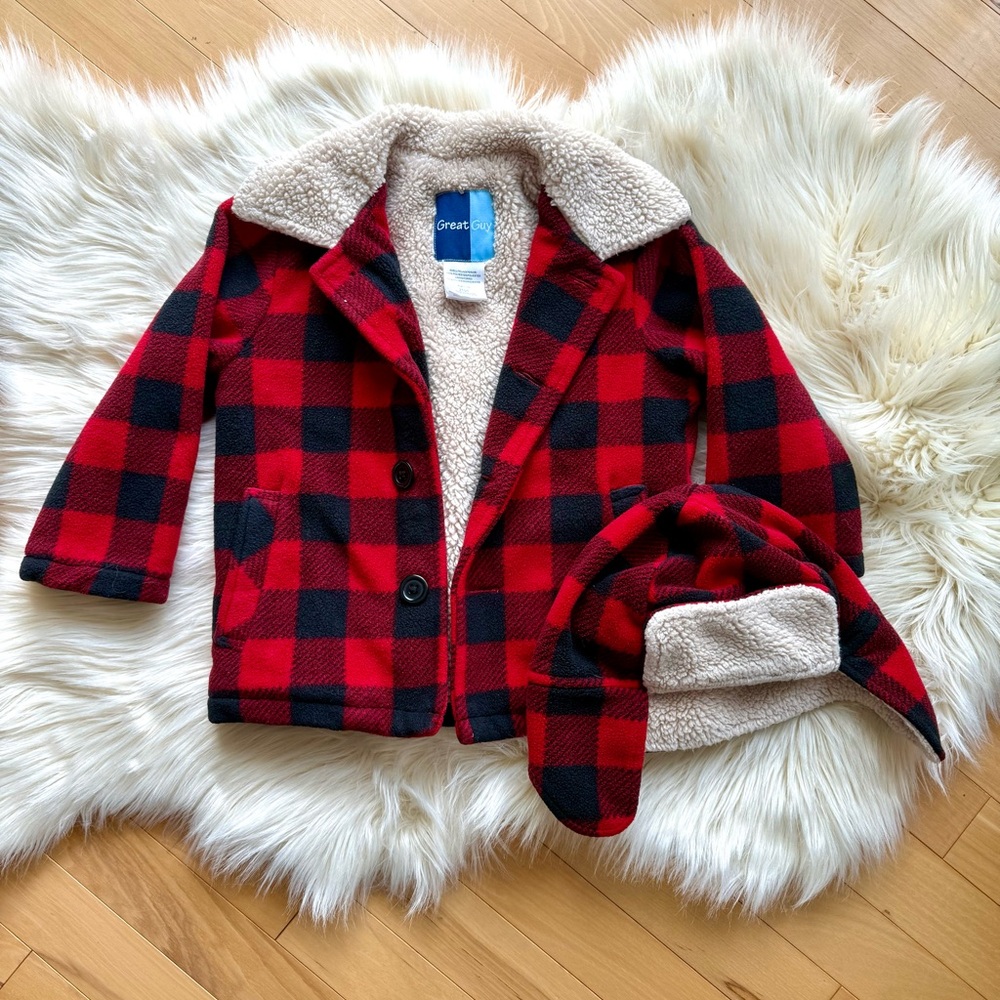 Cozy Red and Black Plaid Kids Pea Coat with Hat